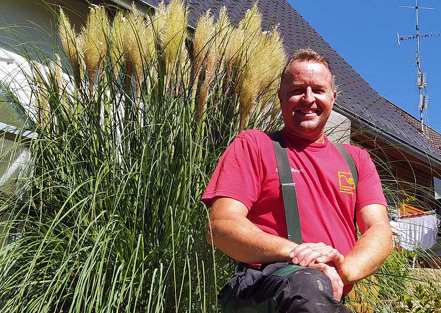Christof Wimmer, Gartenbaumeister, neben hohem Pampasgras